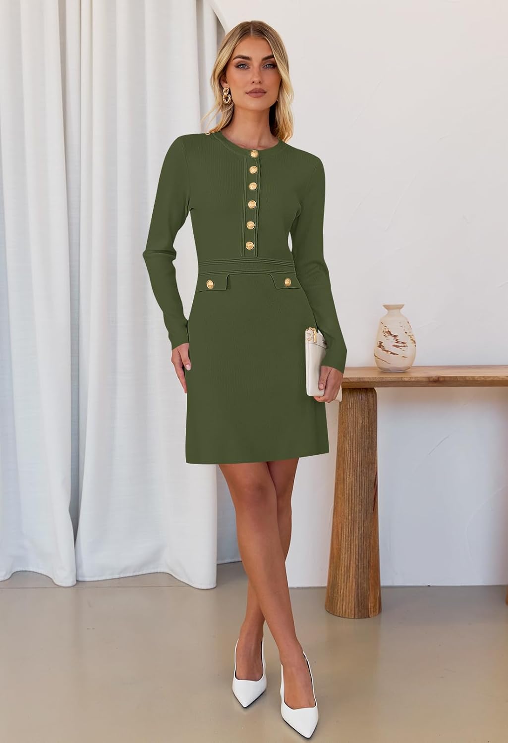 MEROKEETY Women's Fall 2026 Long Sleeve Bodycon Sweater Dress Button Crew Neck Winter Formal Mini Dresses - Image 2