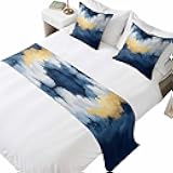 DecorLovee Navy Blue Bed Runners for Queen Size Bed with 2 Matching Pillow Covers, Abstract Modern Oil Painting Art Decorative Sofa Throw Bedding Scarf Protector Slipcover for Bedroom