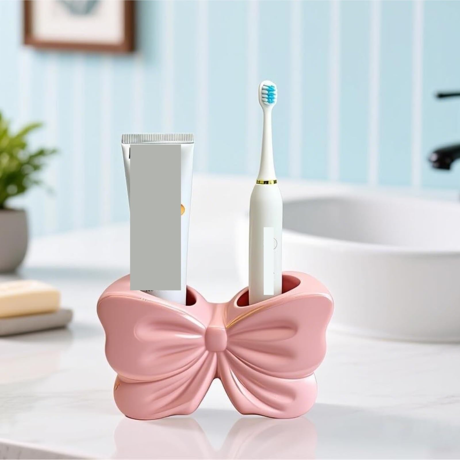 Uchwyt Szczoteczkę Uchwyt Na Szczoteczki Do Zębów Bowtie 2 Miejsca Wystrój Łazienki Przenośny, Szybkoschnący Blat Organizer(Pink)