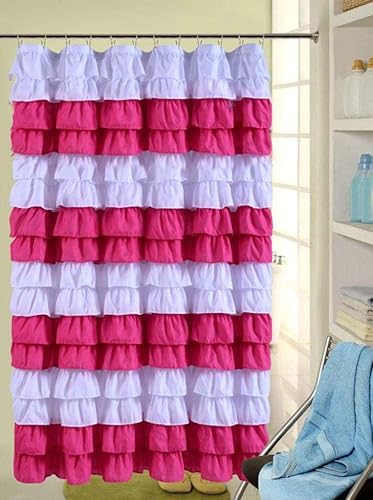 Spring Home Cortina de ducha de tela con volantes en cascada (negroblanco)