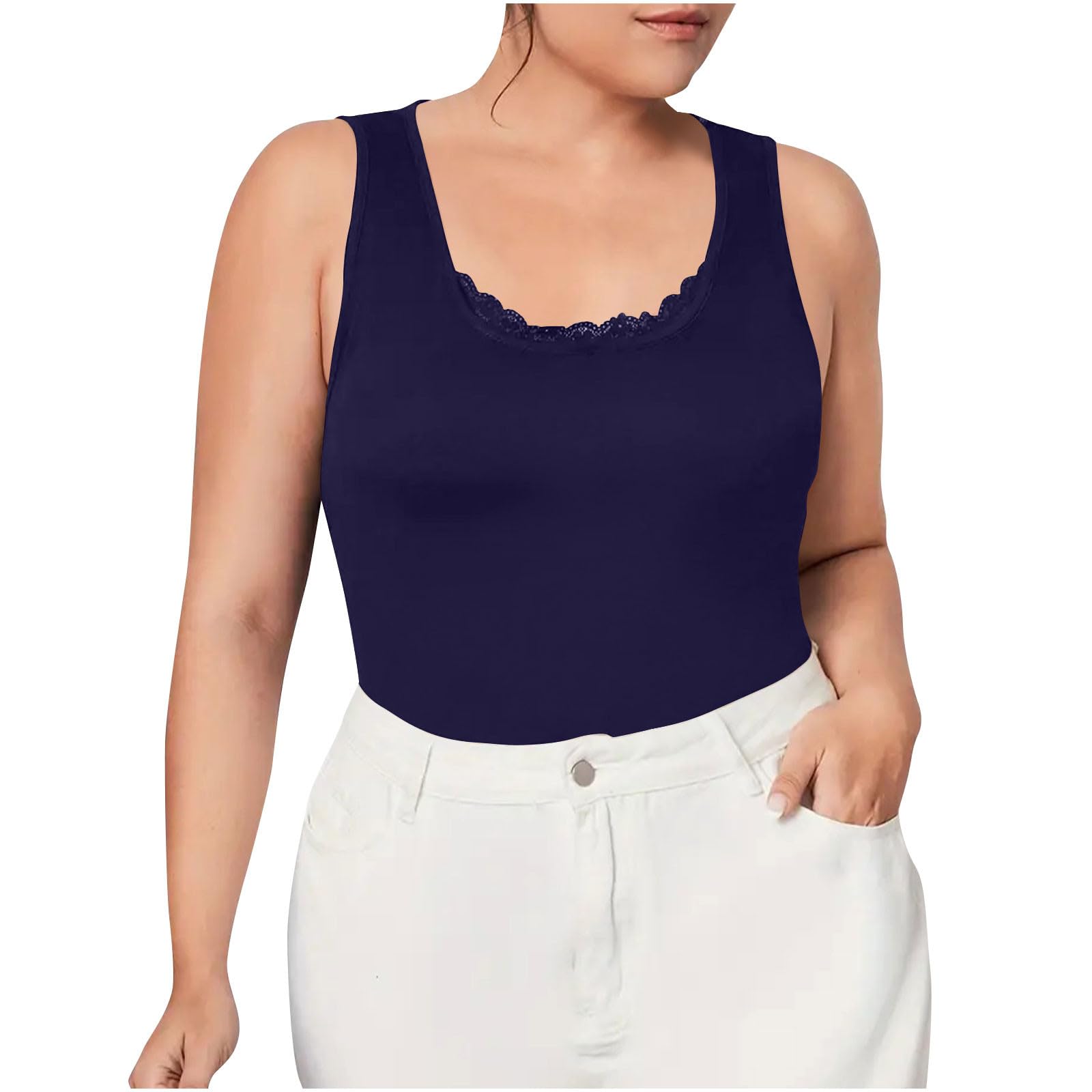 Plus Size Fitted Camisole for Women Lace Trim U Neck Tank Tops Soft Stretch Cami Shirts Sleeveless Basic