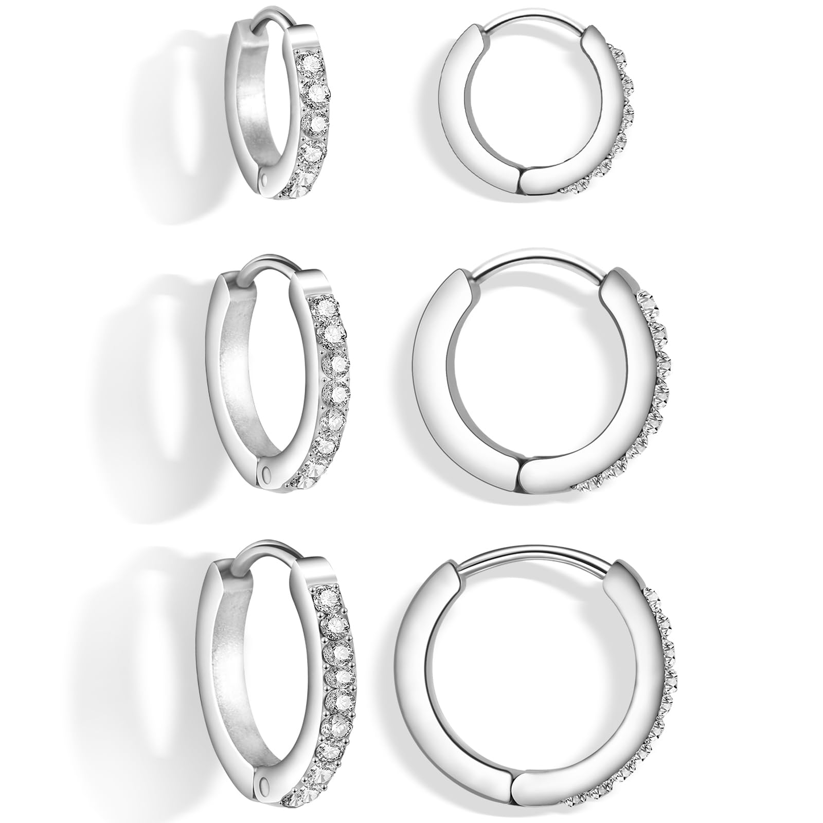 316L Surgical Steel Huggie Hoop Earrings Set,3 Pairs Small Hoop Earrings for Women & Men, Hypoallergenic CZ Cartilage & Earlobe Earrings, Lightweight & Trendy, 8mm 10mm 12mm(Sliver)