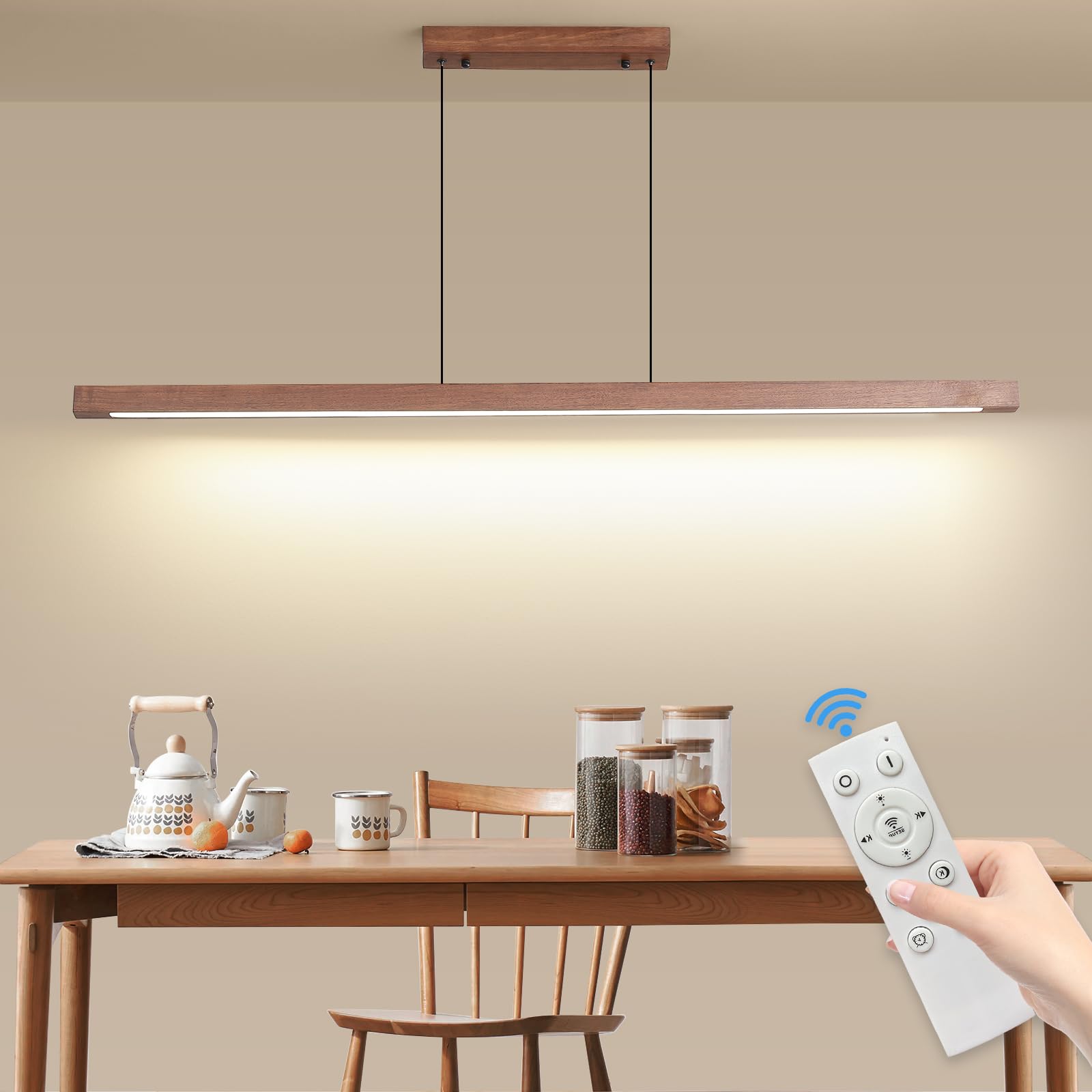 SHINELUX Dimmable Pendant Light with Remote Control 3000k 4500k 6500k, Linear Wood Ceiling Light for Dining Room, Living Room, Kitchen