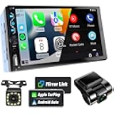 Leadfan Double Din Car Stereo with Dash Cam,7 Inch Full HD Touchscreen Car Audio Receiver Support Carplay and Android Auto,Car Stereo with Bluetooth,Mirror Link,Backup Camera,FM/USB/AUX/Subwoofer