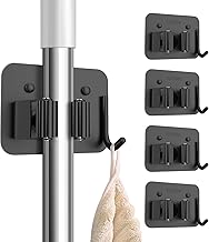 nacena Broom Holder Wall Mount, 4 Packs Black Stainless Steel Mop and Broom Hanger with Hooks Heavy Duty Broom and Mop Organizer Wall Hanging for Bathroom