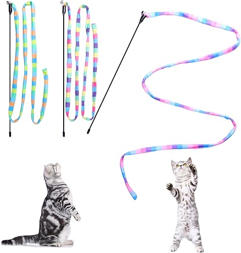 Cat Wand Toys Interactive Kitten Toys for Indoor Cats Colorful Teaser Wand String for Exercise Kitten Stick Kitty Rope Toy Rainbow Ribbon Cat Charmer -2Pcs