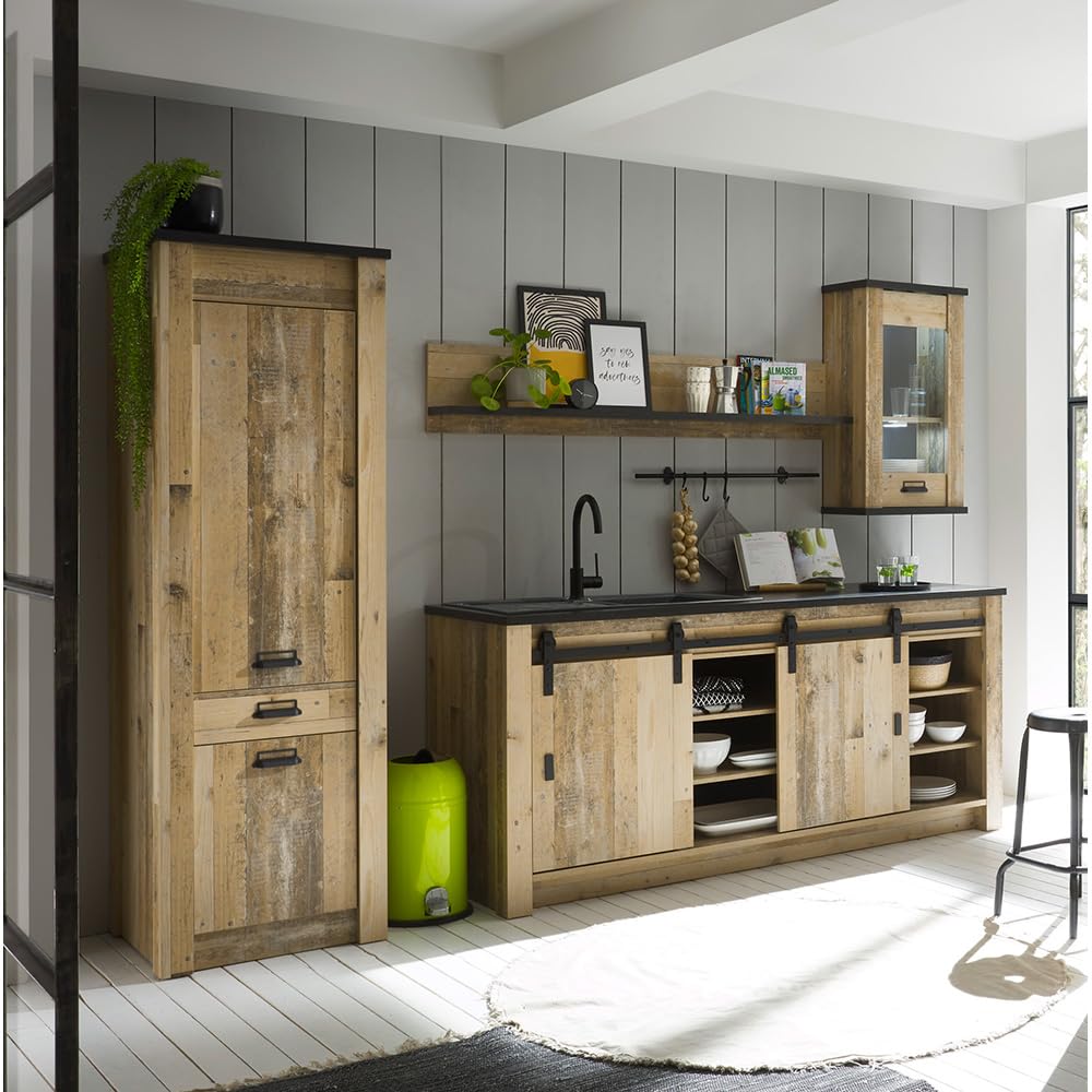 Lomadox Küchenmöbel Küchen Set, Old Style hell Nb. mit anthrazit, Spülschrank mit offenen Fächern, Stauraumschrank, 160cm Wandregal, Hängevitrine mit Softclose