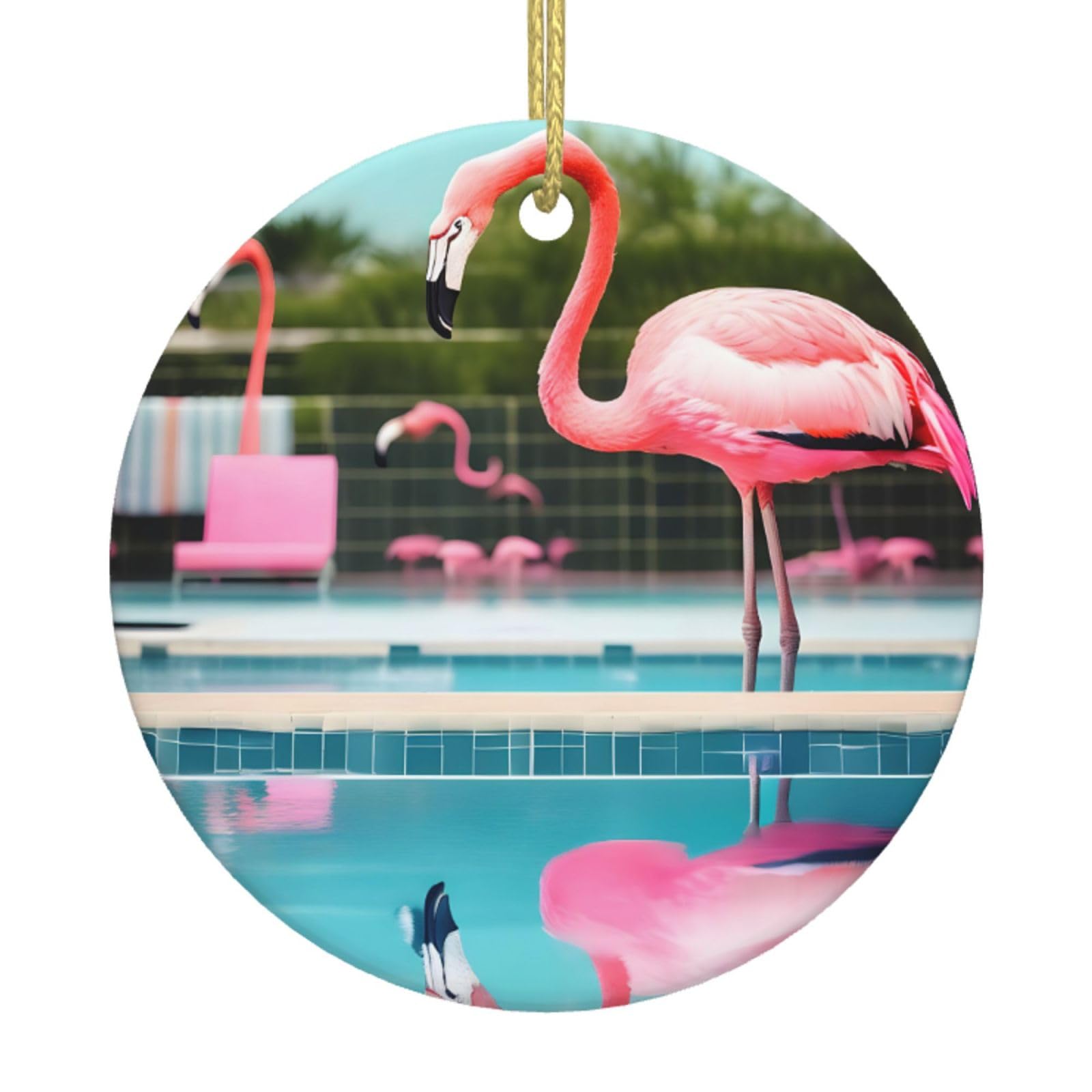 Flamingo And Swimming Pools Print Christmas Ornaments, Ceramic Hanging Ornament, Round Shape Decorations