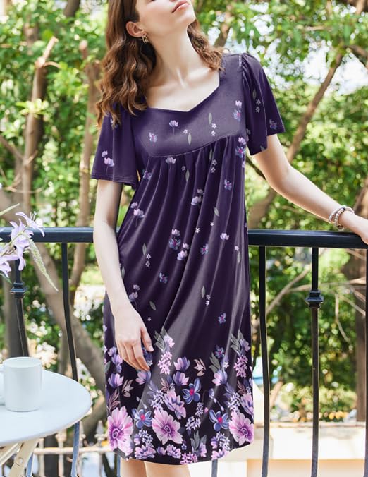 Image of Ekouaer Women's House Dress - Pleated Nightgown with Short Sleeves & Pockets