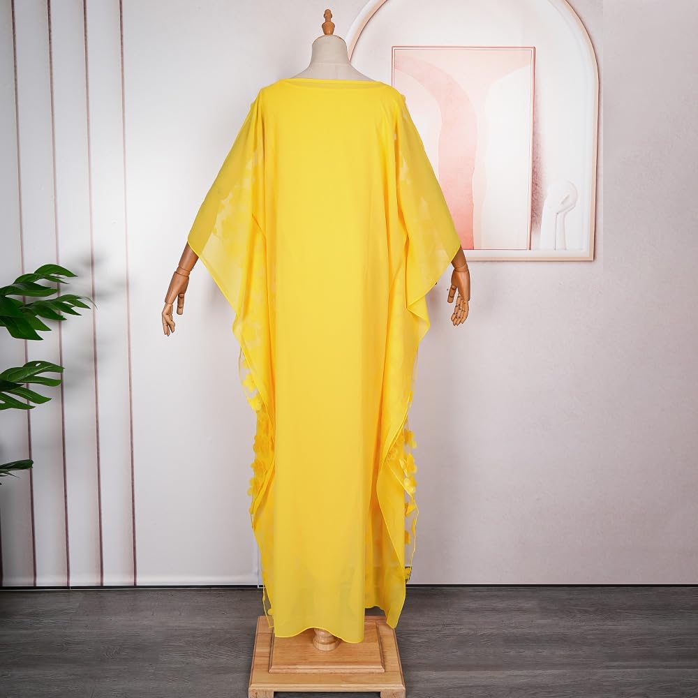 HD Afircan Women Applique Flower Dress Boat Neck Caftan Chiffon Gown One Size - Image 2