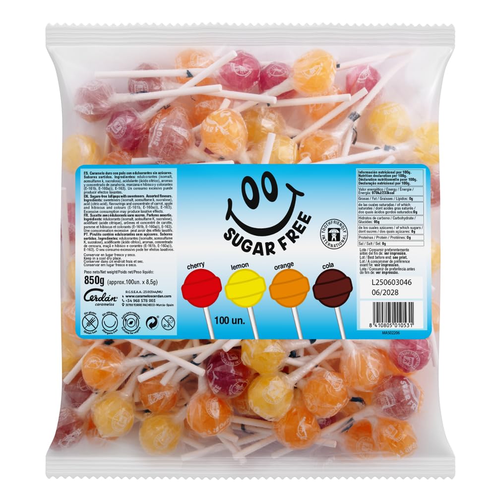 Caramelos Cerdán - Caramelo con Palo sin Azúcar Sabores Variados | Caramelo Redondo Macizo con Palo sin Gluten ni Alérgenos | Bolsa de 100 Unidades | Ideal para Fiestas, Eventos y Cumpleaños