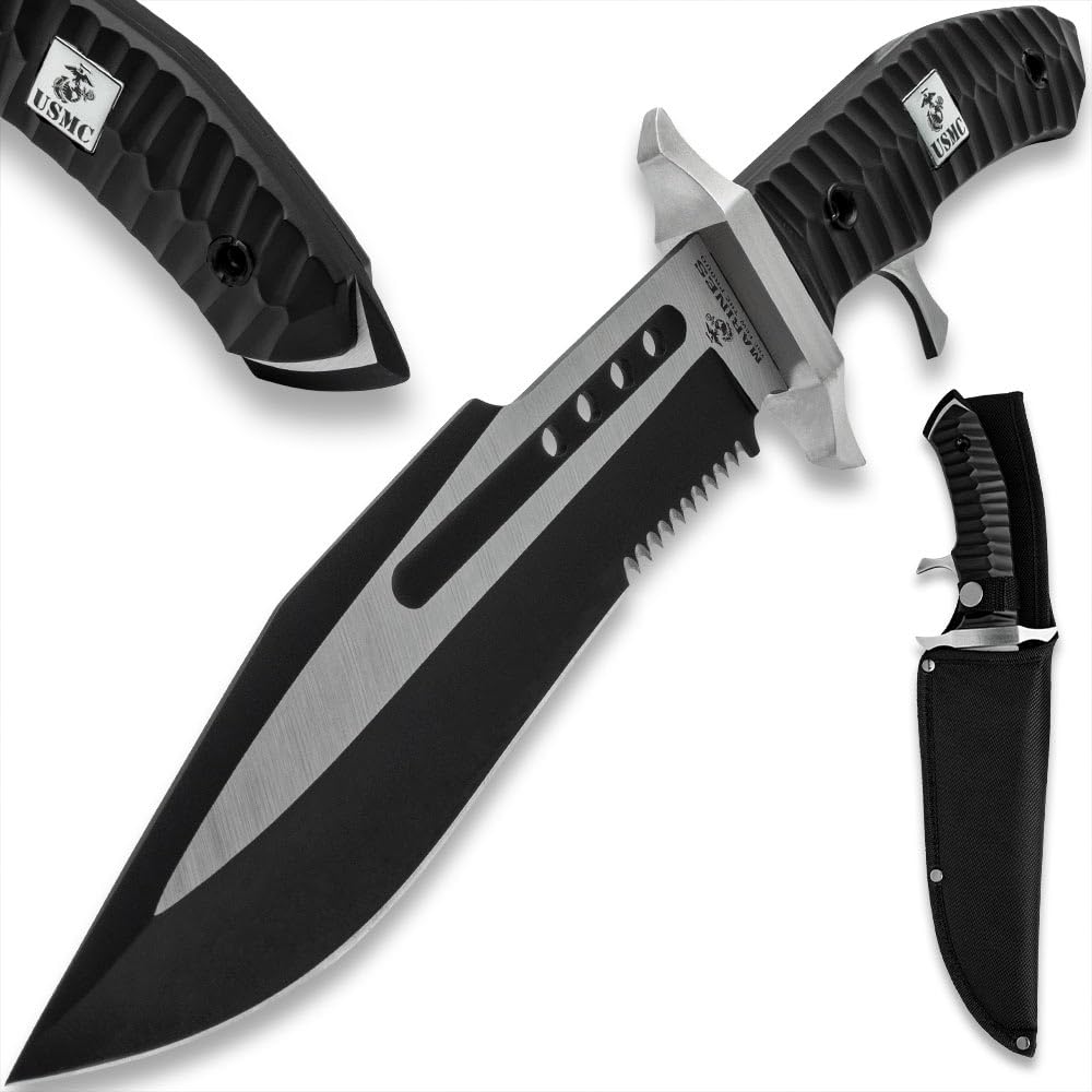 USMC Commando Bowie Knife | 8 1/2-Inch Two-Toned 3Cr13 Stainless Steel Blade | Weight-Reducing Through Holes | Partial Serrated Sawback | Sub Hilt Grip | Rugged Polypropylene Handle | 15