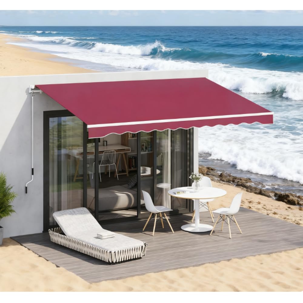 Retractable Patio Awning for Outdoor Shade – Manual Crank Sunshade Shelter with Aluminum Frame and UV-Resistant Polyester Fabric (Red + Aluminum)