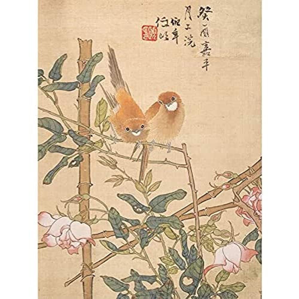 Ren Yi Two Birds Perched Rose Bush Chinese Painting Art Print Canvas Premium Wall Decor Poster Mural