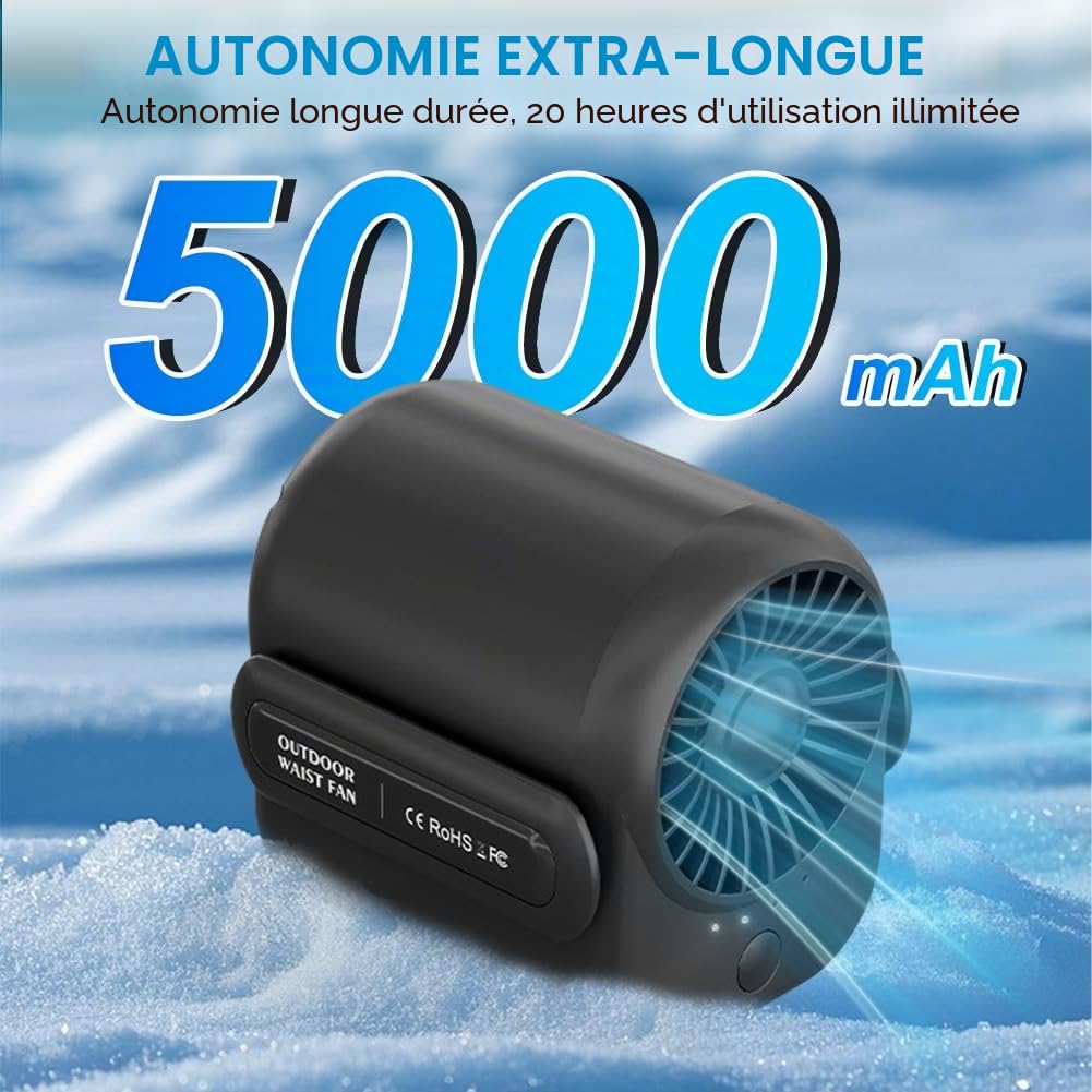 Ventilateur de ceinture portable avec clip, mini ventilateur rechargeable USB, 3 vitesses, ventilateur personnel à mains libres avec batterie intégrée, compact pour travail, camping, voyage, été