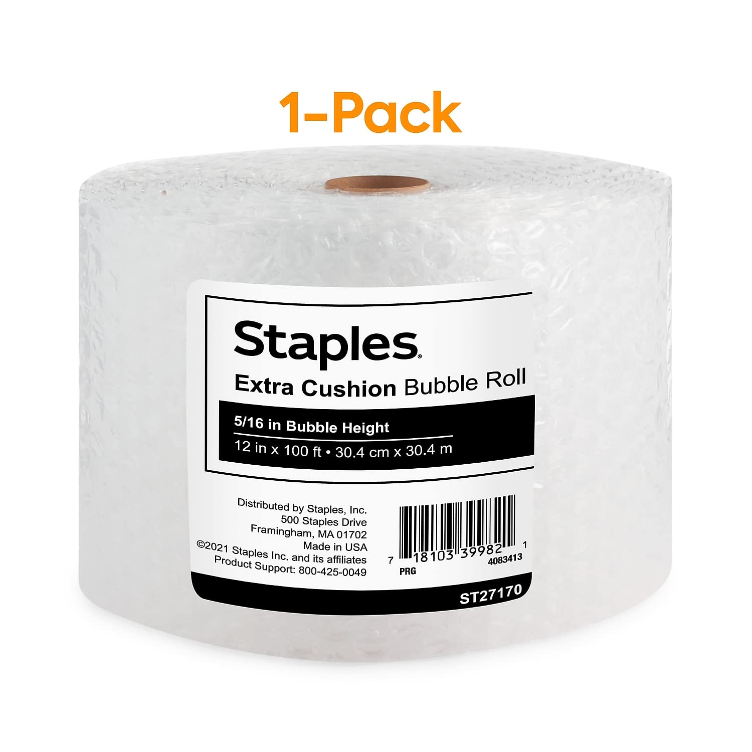 Staples 634043 Standard Bubble Roll, 5/16H x 12W x 100L (4069425), Single Roll
