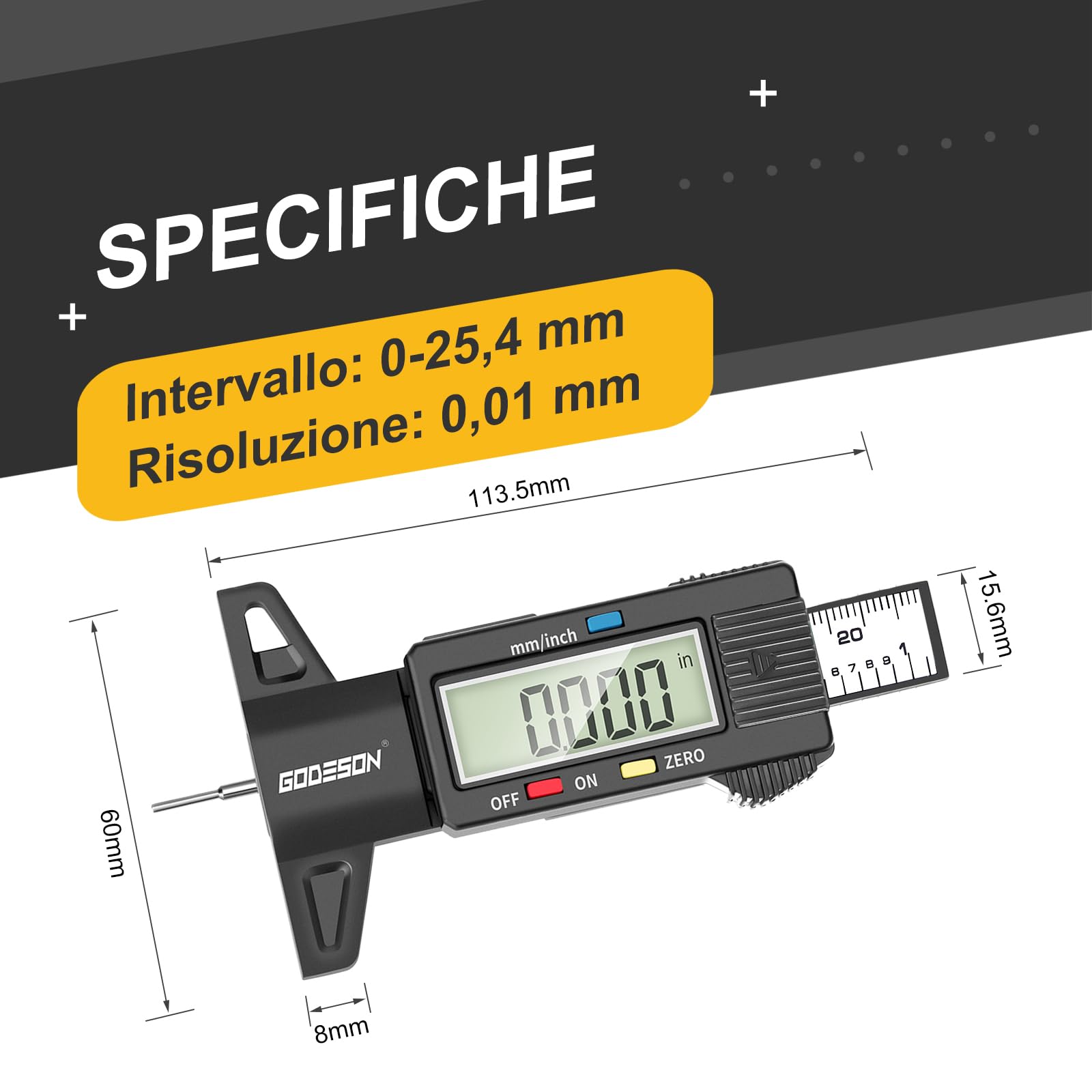 GODESON Digitale Misuratore Profondità Battistrada, Misuratore di Calibro Pneumatico con ampio display LCD per moto, auto, camion in inch/mm