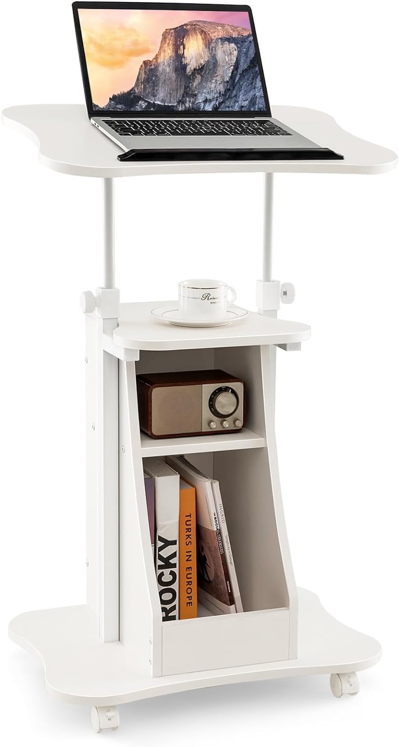 Mobile Laptop Desk, Height Adjustable Podium Stand w/ 4 Wheels & Tiltable Desktop, Rolling Lectern Cart Laptop Desk with Storage Shelves for School, Office, Home, White