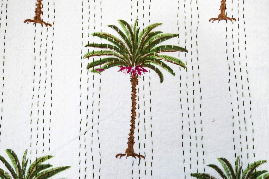 Indian Hand Block Hand Palm Tree Print Quilt Kantha Throw Bedding Blanket Cotton Gudari (Twin Size)