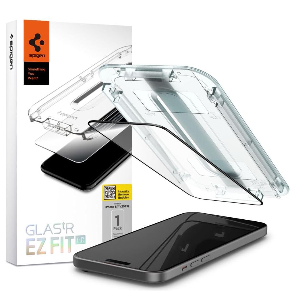 Spigen iPhone 15 ile Uyumlu Kolay Kurulum Cam Ekran Koruyucu GLAS.tR EZ Fit Full Cover HD Siyah - AGL06908 (Spigen TR Garantili)