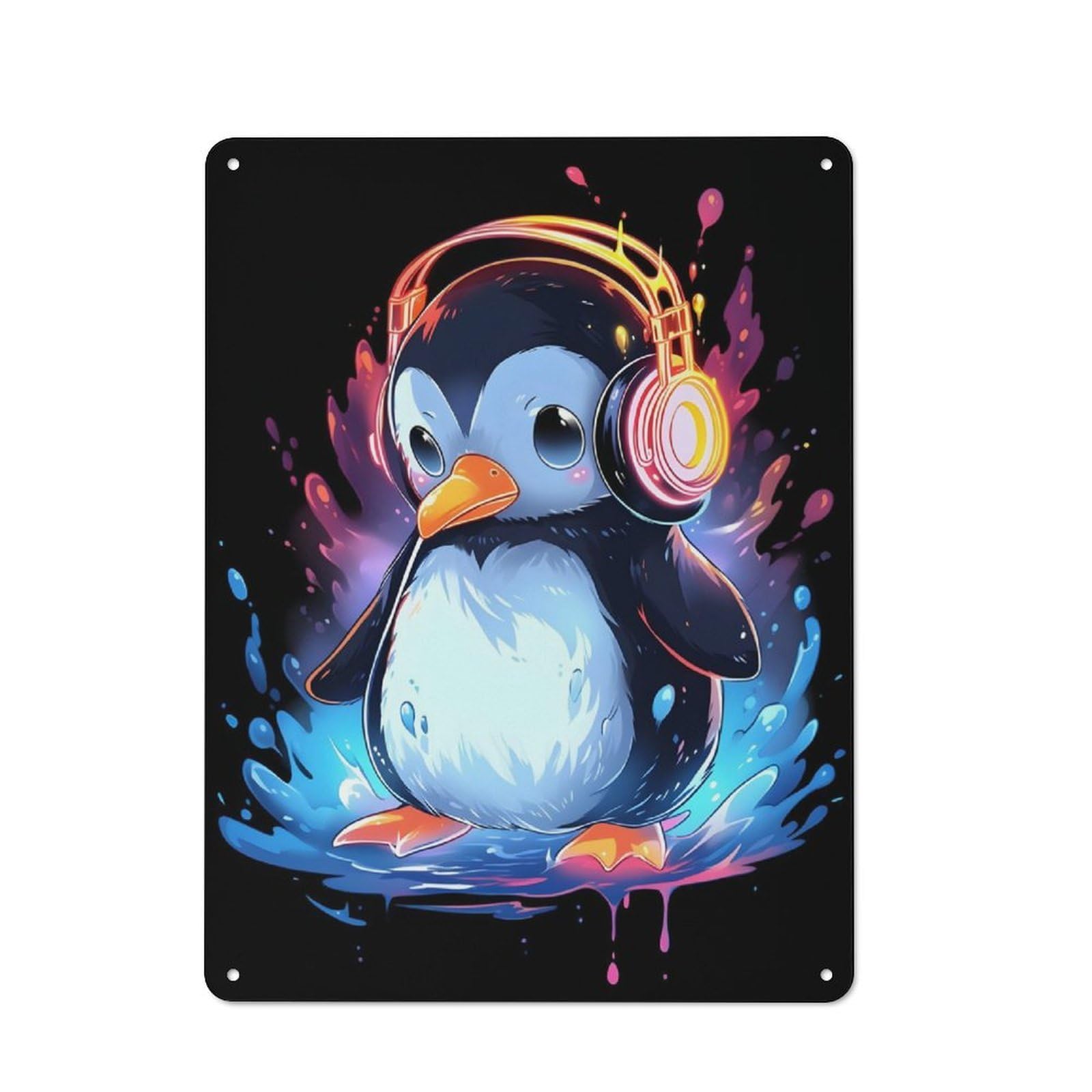 Junmoney Penguin Headphones Drip Classic Metal Wall Decor 40X30cm, Decorative Metal Sign For Workspace, Cafe, Shop Or Desk Area