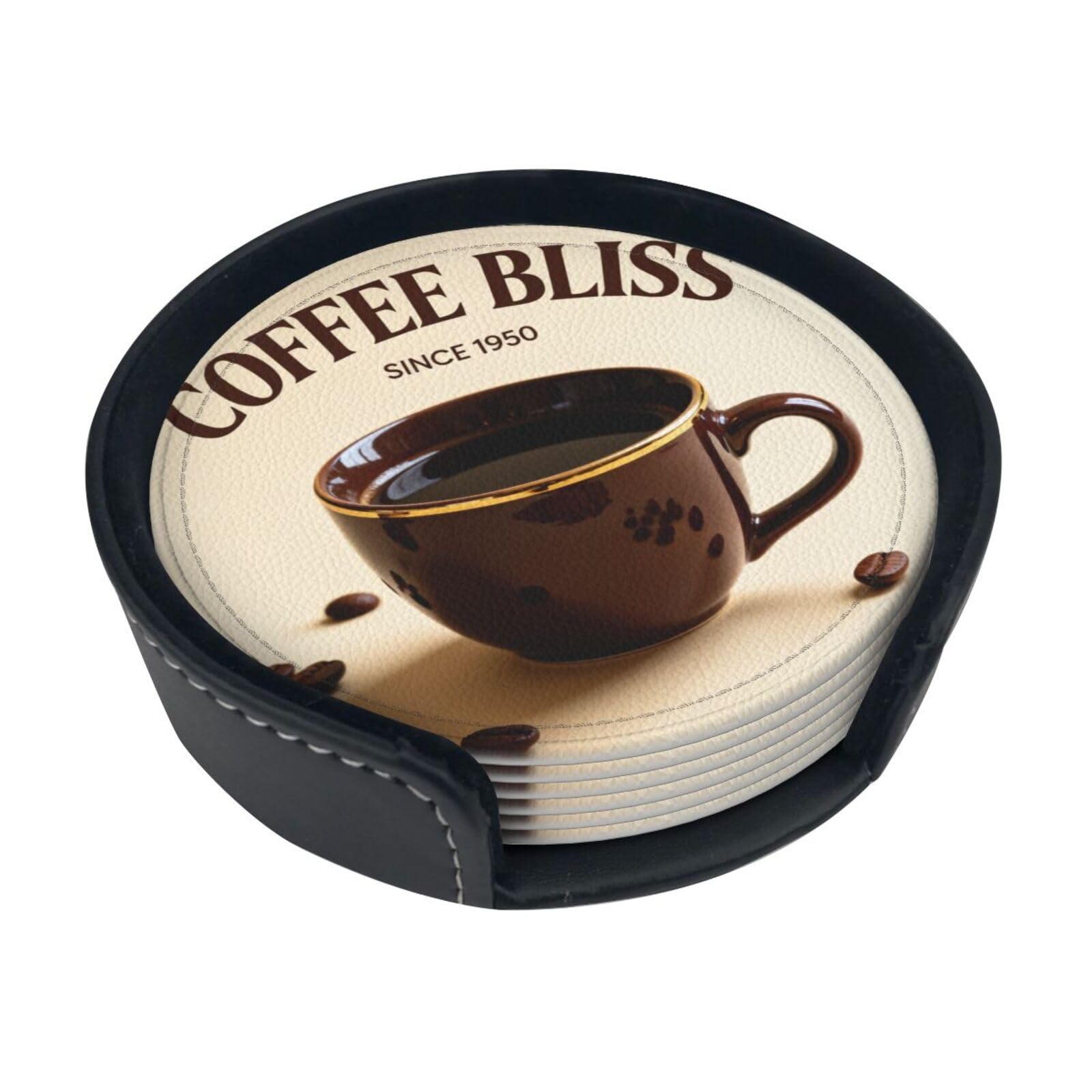 Cntdbu White Retro Coffee Ad Leather Coasters Set Of 6-Pu Leather Drink Mats For Table, Heat Resistant Round Coasters With Holder