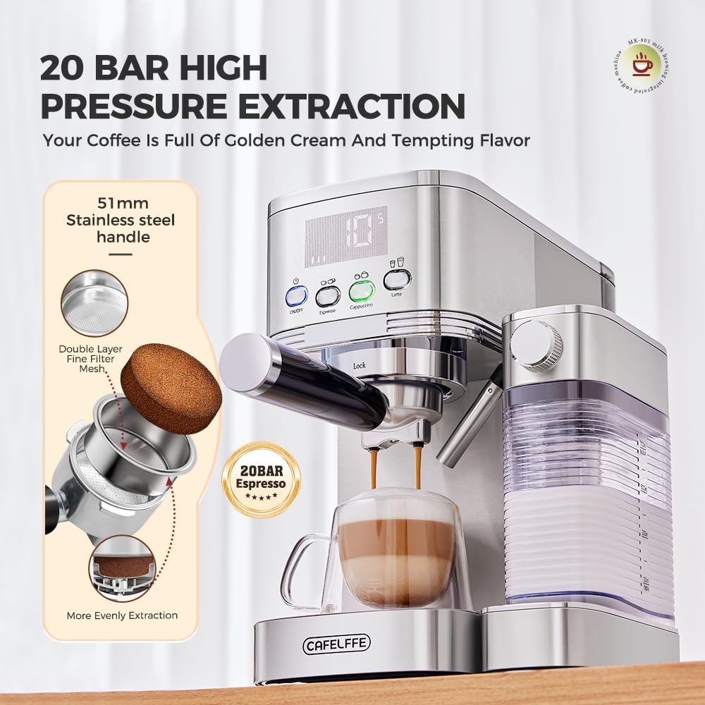 CAFELFFE MK-801 20 Bar Espressomaschine & Dual Boiler Kaffeemaschine mit Auto Milchaufschäumer für Cappuccino & Latte & Espresso, PID Temperaturregelung & Selbstreinigung, Edelstahl