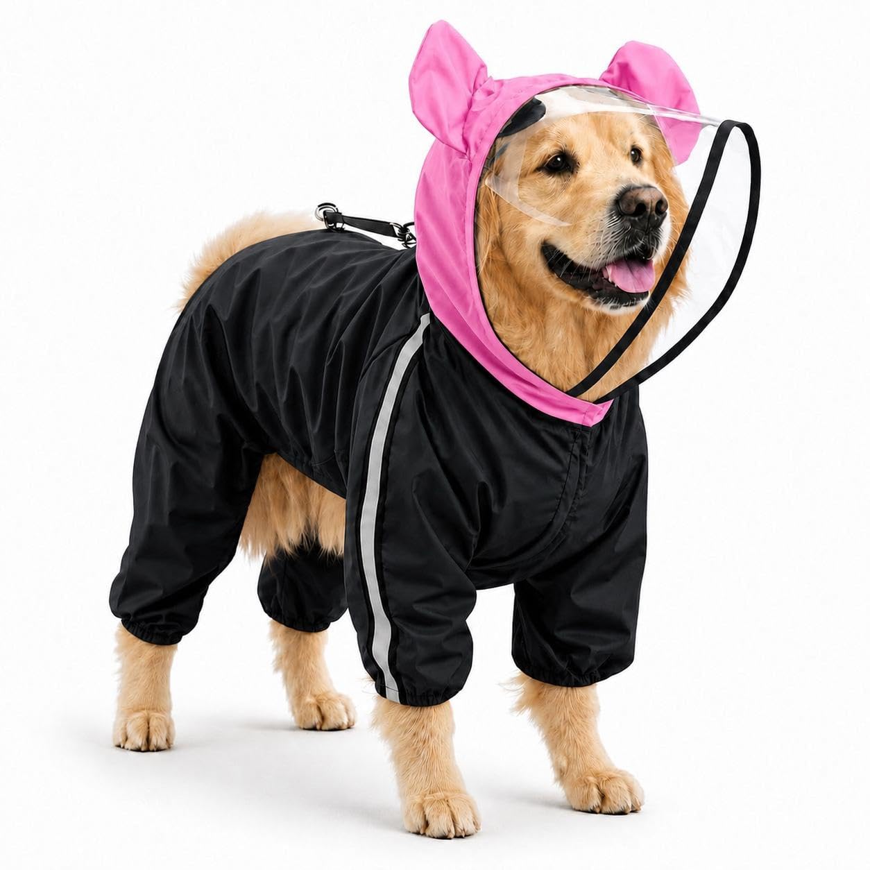 Full Body Dog Raincoat Black with Hood & Transparent Face Shield | Waterproof Pet Rain Suit | Leash Hole, Reflective Strip | Adjustable Rain Jacket | All Weather Protection Rainwear (Large)-image-5