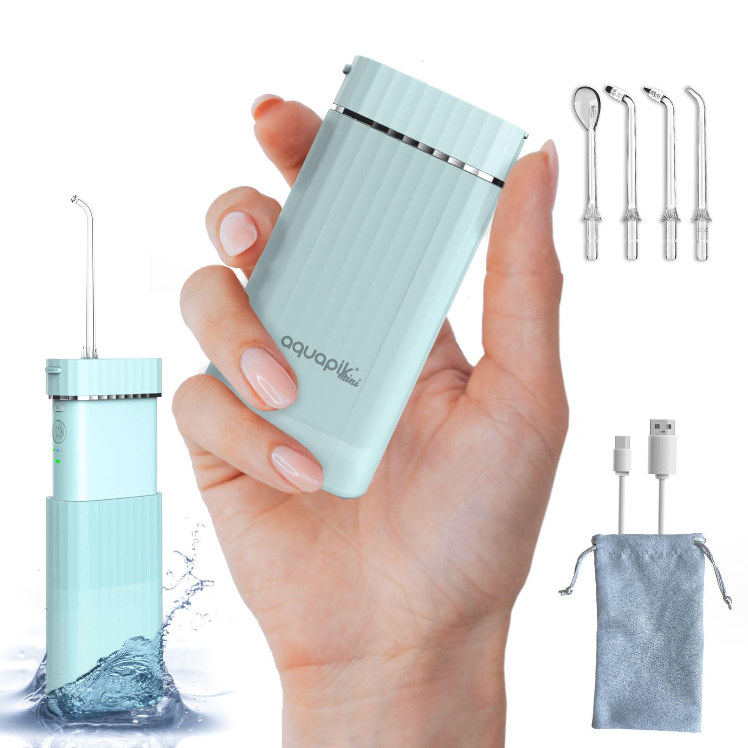 Idropulsore dentale portatile AQmini - 3 modalità, 4 ugelli, serbatoio 200 ml, USB-C, IPX7, compatto per viaggio, ufficio, gengive sensibili