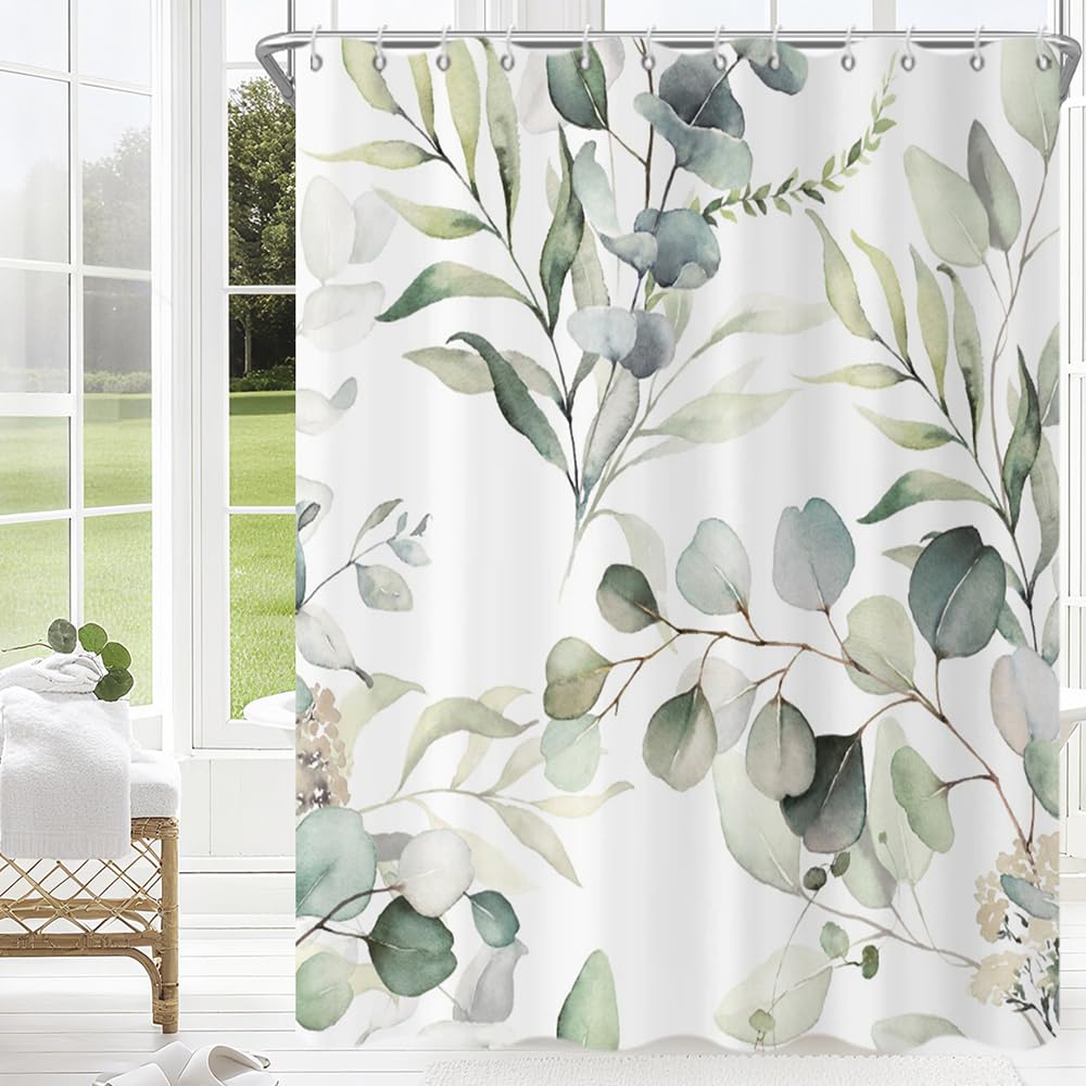 GCIREC Eucalyptus Leaf Shower Curtains, Sage Green Spring Botanical Watercolor Plants Bathroom Curtains Bathtub Home Decor Waterproof Fabric Machine Washable with 12 PCS Hooks,152x180cm
