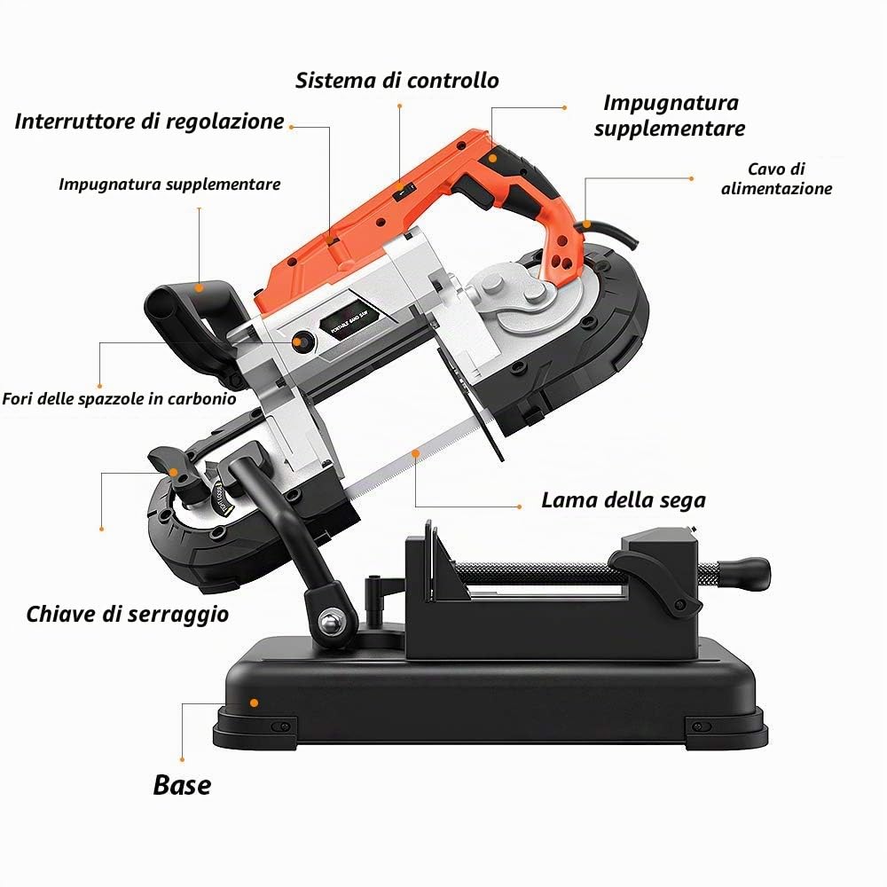 Anbull R2103 - sega a nastro per metallo con faretto LED, sega a nastro elettrico 1100 W/230 V, 0,7 – 2,4 m/s, regolabile 0 – 45 °, sega metallica con base rimovibile