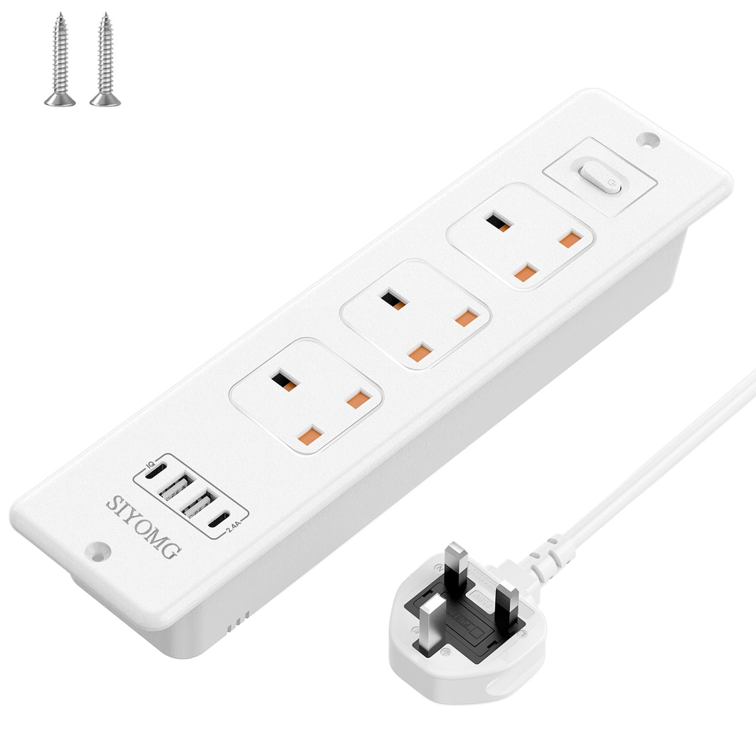 SIYOMG Recessed Power Socket with USB C, Flush-Mount Desk Power Outlet with 2 USB-A and 2 USB-C Ports, 1.8M Desk-Friendly Power Extension Lead with 3 AC Sockets, for Tables & Desks