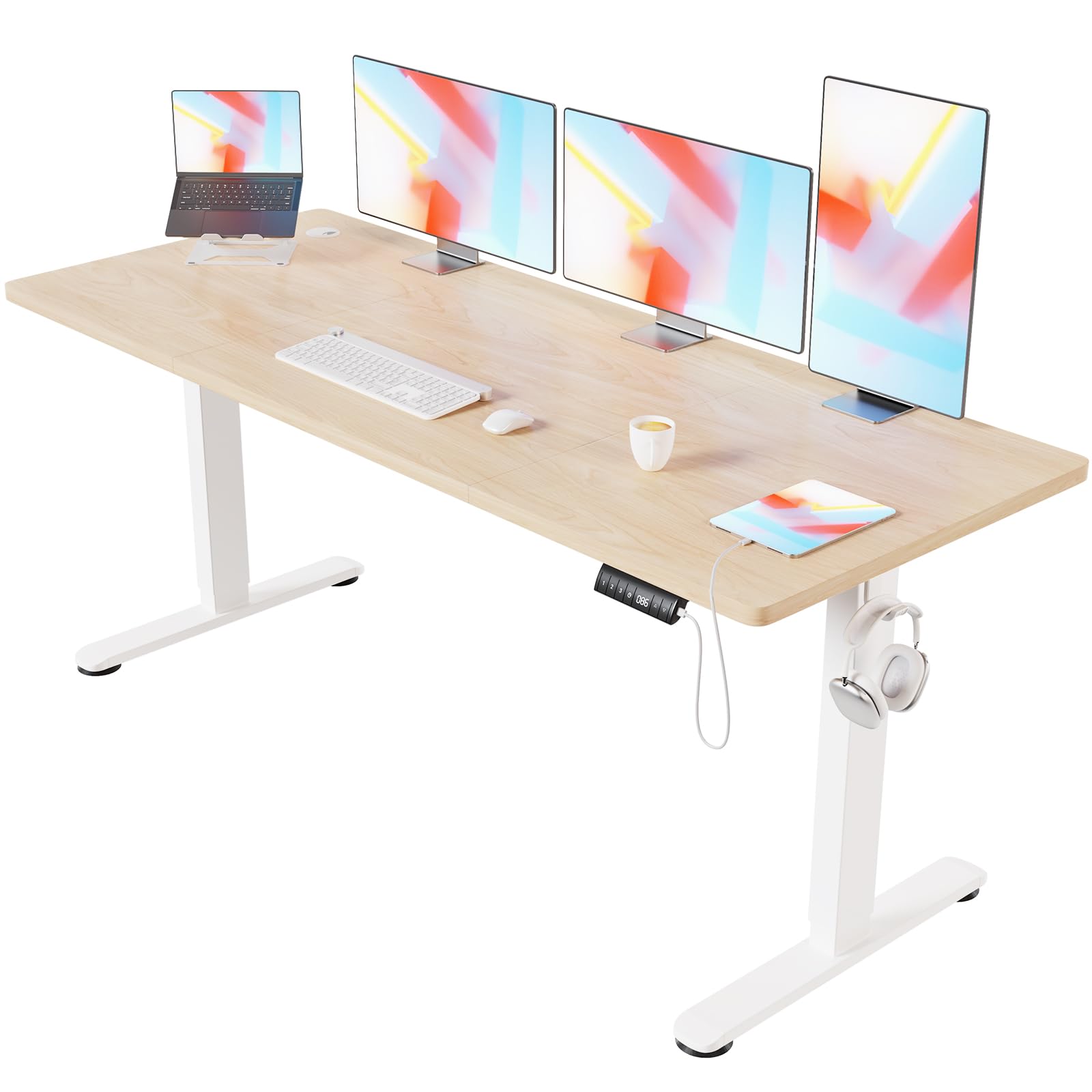 Devoko Escritorio Elevable Eléctrico 200 x 80 cm Roble+Blanco | Ajuste eléctrico de altura, 3 memorias de altura, Gestión de cables integrada, Tecnología anticolisión