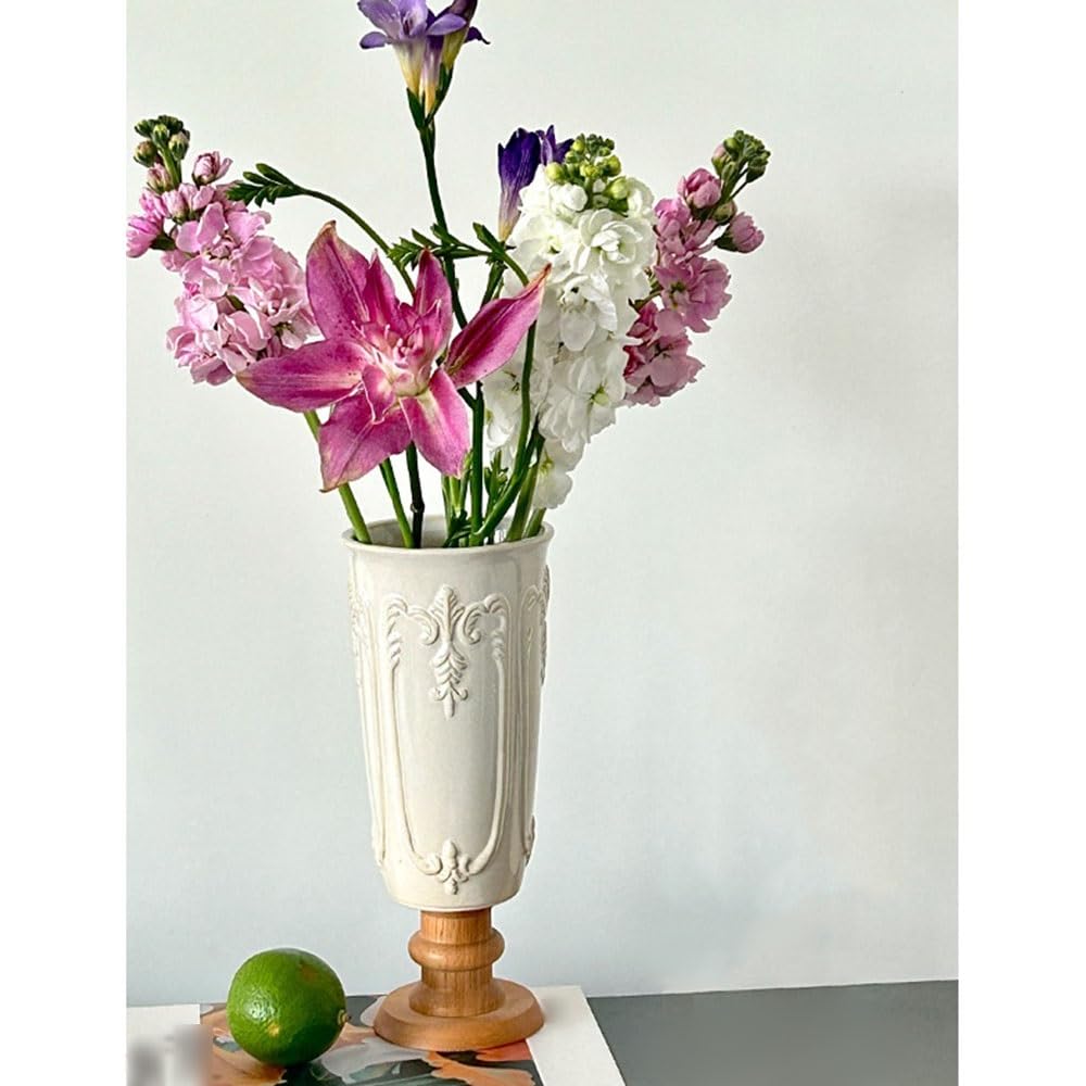 Eleganckie Wazon ceramiczny w stylu vintage z drewnianą podstawą, ozdoba do domu, salon, przedpokój, hydroponiczny Centralne elementy stołu