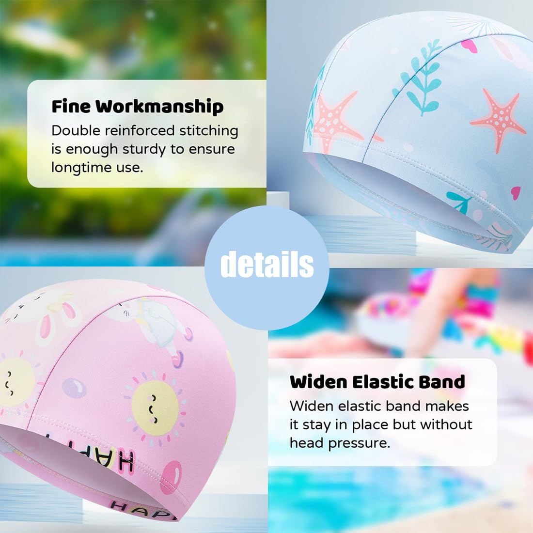 Gorros de Piscina para Niño, Gorros de Natación de Tela para Niña y Bebé, 1 a 6 Años