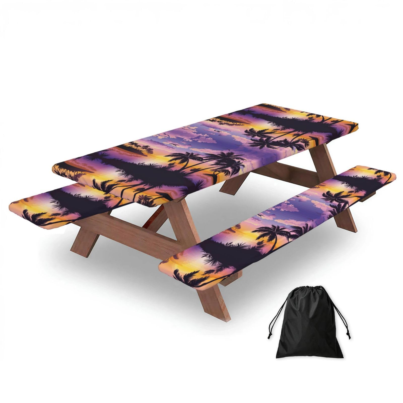 Zyjhyy Black Summer Palm Tree Print 3 Pack Wipeable Picnic Bench Cover And Table Cover Lightweight Table Cloth For Camping Outdoor