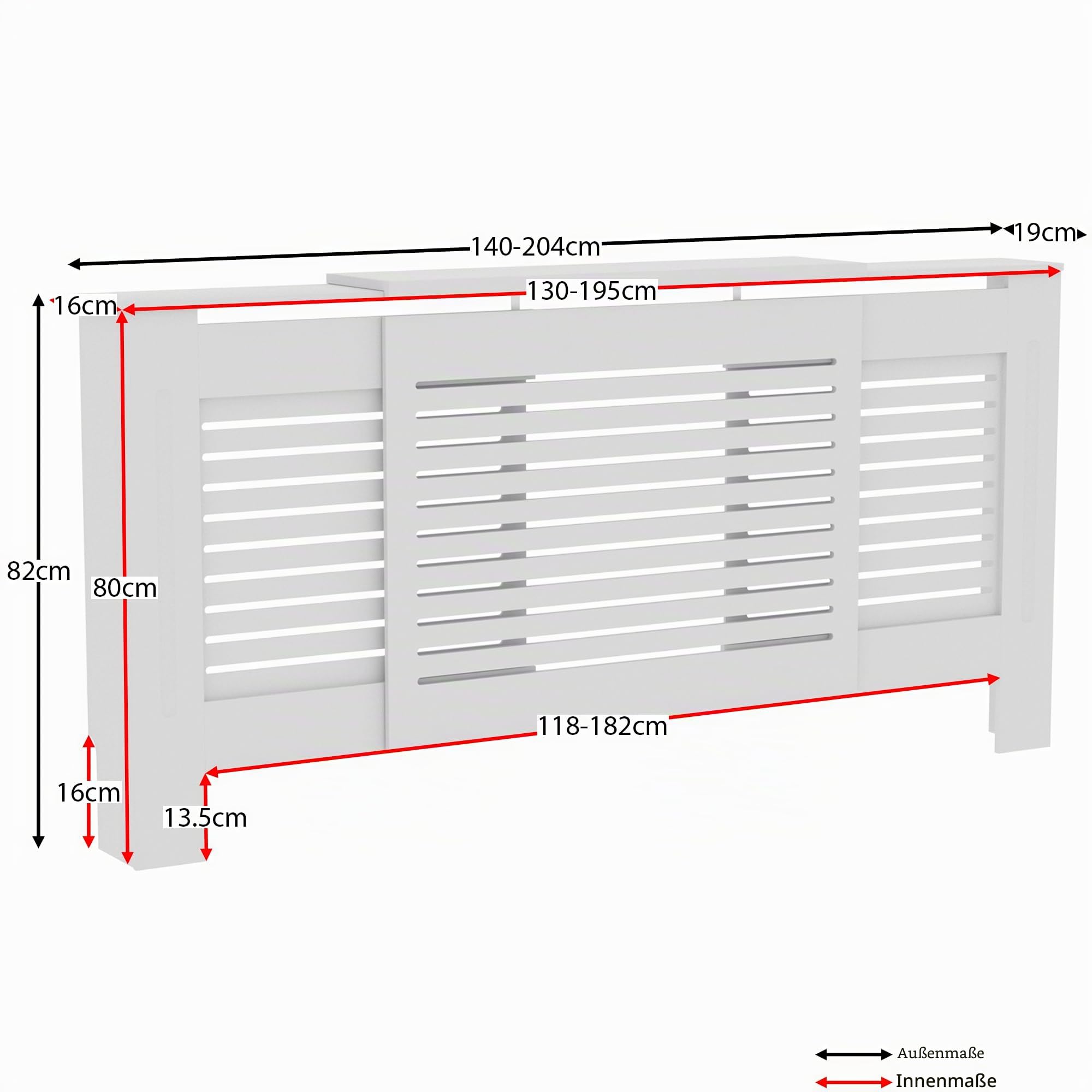 Vida Designs Milton Heizkörperabdeckung Weiß - Verstellbar - Modernes horizontales Lamellendesign für optimale Wärmeverteilung - H82xW140-204xD19cm - Lackiertes MDF-Möbel Ideal für Wohnzimmer und Flur