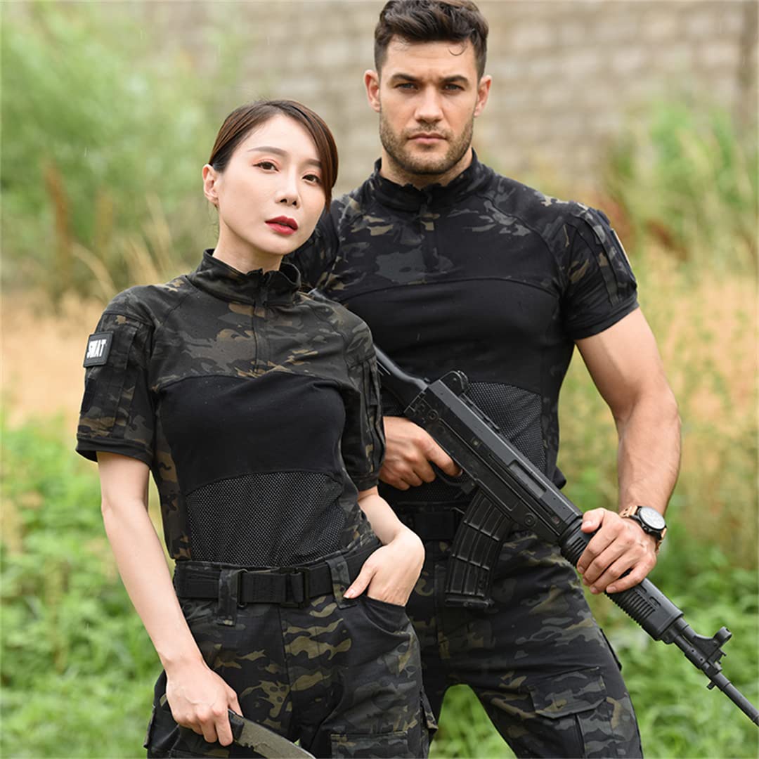 T-Shirt Tattica Militare da Uomo Gym Camo1 Army Tee Soldiers Combattimento Multicam Camicie Camicia da Pesca (Nero XXL)