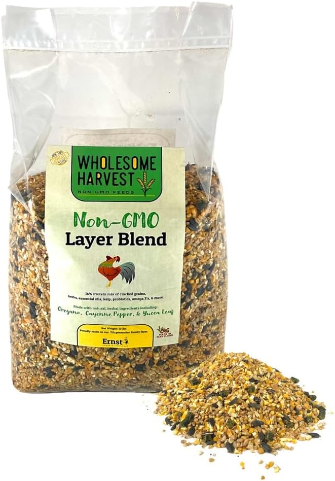 Non-GMO Whole Grain Layer Blend 16% - Chicken Feed for Laying Hens and Ducks - Includes Essential Oils, Herbs, Oyster Shells, Vital Minerals, and Omega 3, 40lb