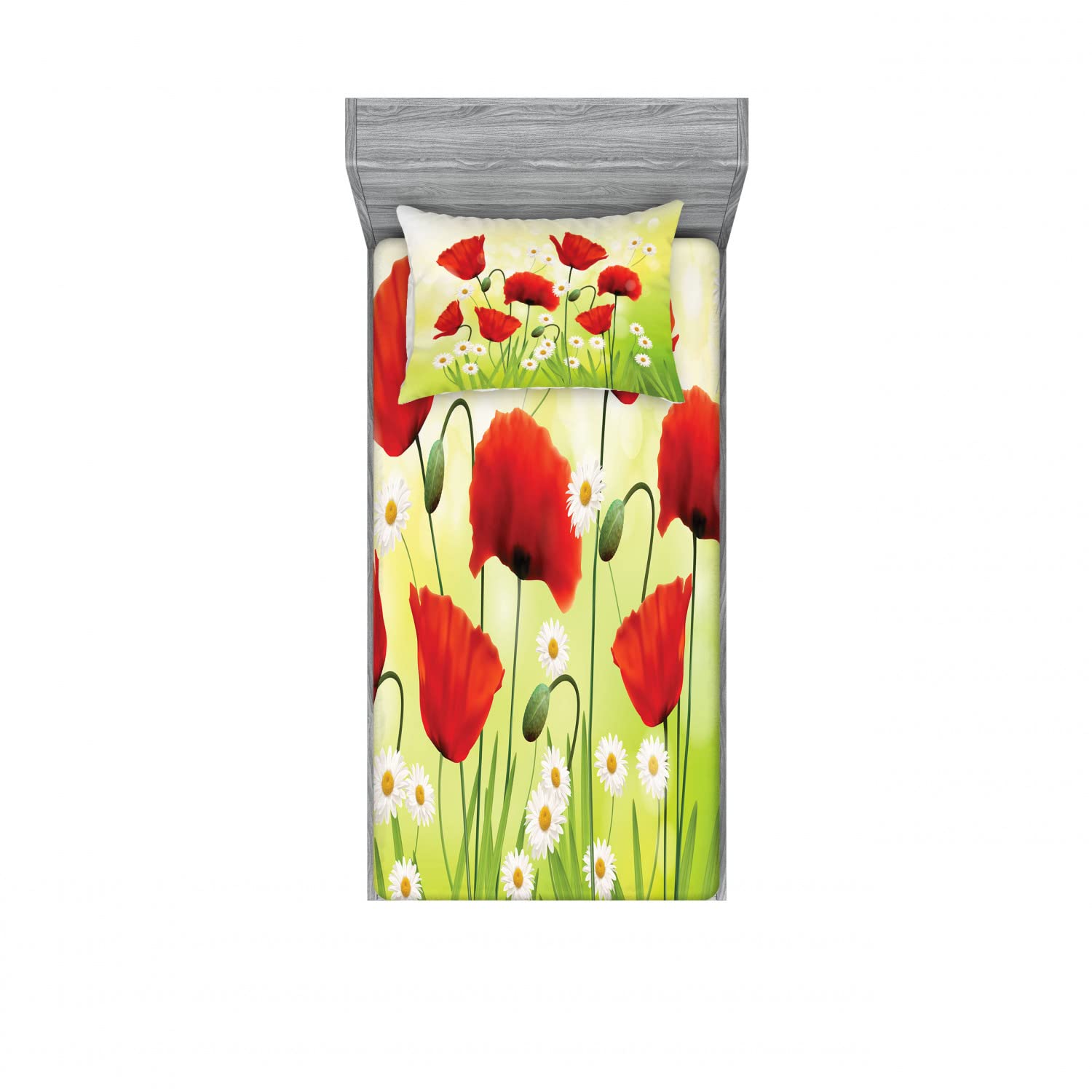 Ambesonne Flower 2 Pack Fitted Sheet & Pillow Sham Set, Floral Chamomile Poppy, 4 Pcs Bedding Decor, Package Contains 2 Twin Size Fitted Sheets & 2 Pillow Covers, Green Red