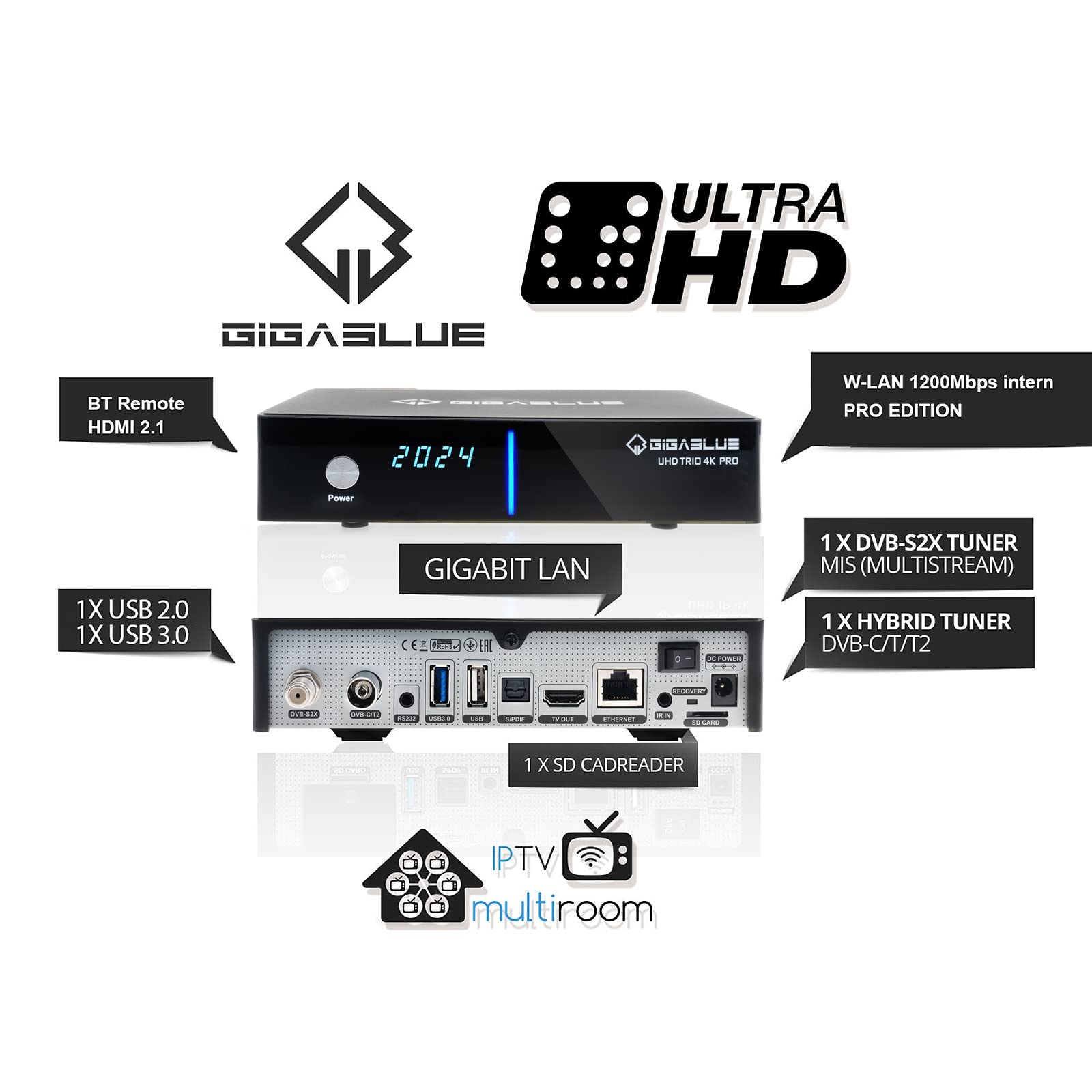 GigaBlue Cavo UHD Trio 4K Pro, ricevitore satellitare DVB-S2X/C/T2, sintonizzatore, PVR-Ready su scheda USB/SD, WLAN 1200 Mbit/s, HDMI, USB, LAN, Bluetooth, alimentatore di rete da 12 V