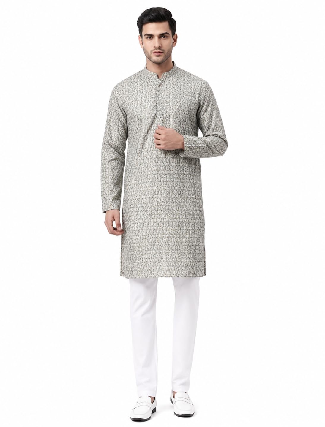 Men's floral digit Printed Kurta with pajama set Mandarin Collar, Grey (S)-image-33