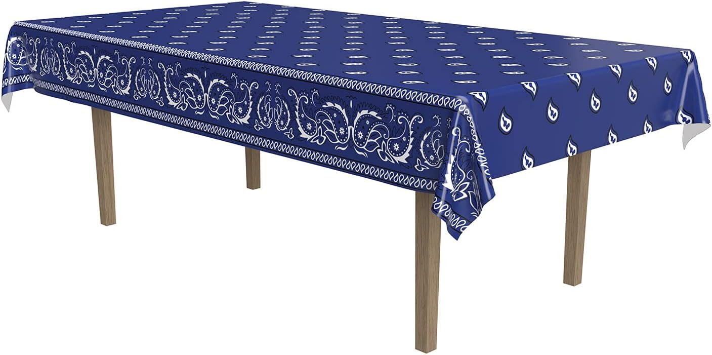 Beistle Blue Bandana Tablecover - Plastic Country Western Tablecloth for Cowboy Parties, Farm-Themed Events, Rodeo Celebrations, and Rustic Rectangular Table Settings, 54” x 108”