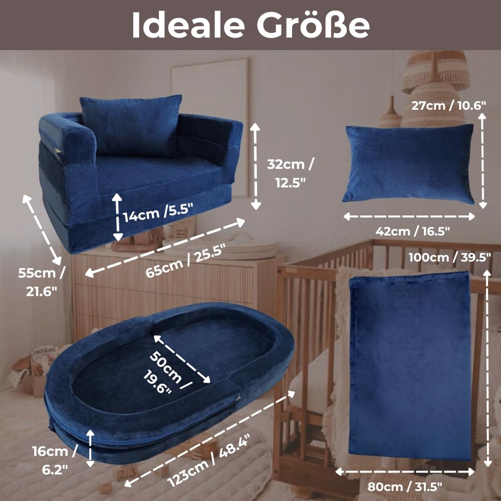 Wonder Space Vor-montiertes Kinder Schaumsofa mit Decke & Kissen, Kleinkind 3-in-1 Konvertierbares Sofa, Innen Zusammenklappbarer Lounger Stuhl & Klappbares Bodenbett für Jungen & Mädchen (Marine)