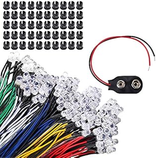 GTIWUNG 50Pcs LED Diodes Light Ultra Bright 12V 20cm Pre Wired + 50Pcs 5mm Plastic LED Holder LED Light Mounting Holders + 9V Battery Holder Clip Cable, for Toy Lighting to add a Festive Atmosphere