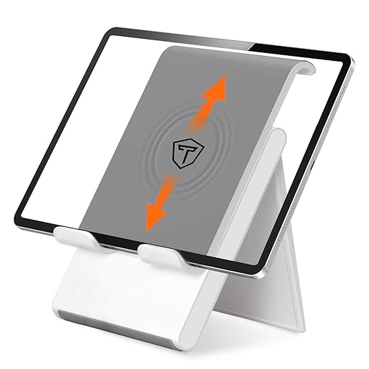 Tukzer Foldable Tablet & Mobile Stand Holder with Telescopic Height & Multi-Angle Adjustment Anti-Slip Silicone Surface, Charging Slot For Up to 12 Inch Screen iPad Tab, Smartphones, Kindle (Silver)