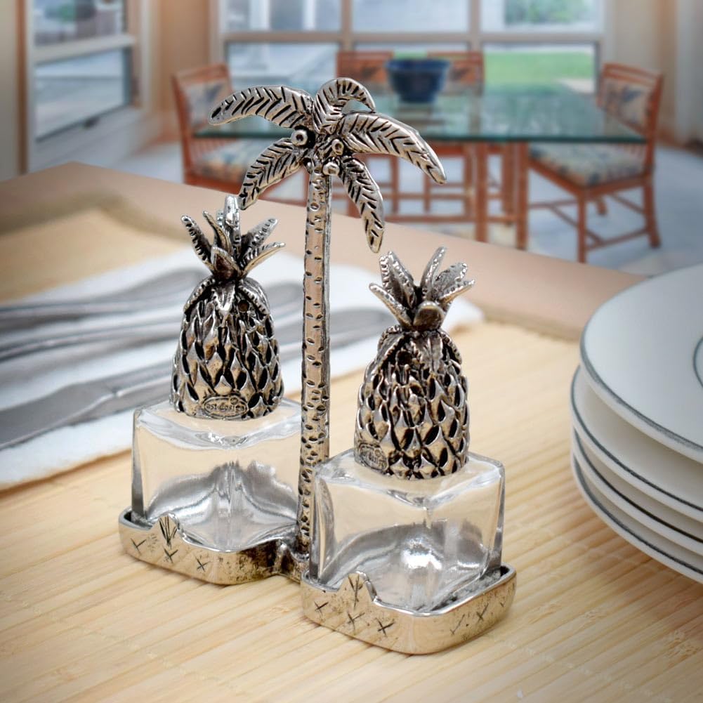 Pineapple Pewter and Glass Salt Pepper Shaker Set with Palm Tree Holder, Made in the USA