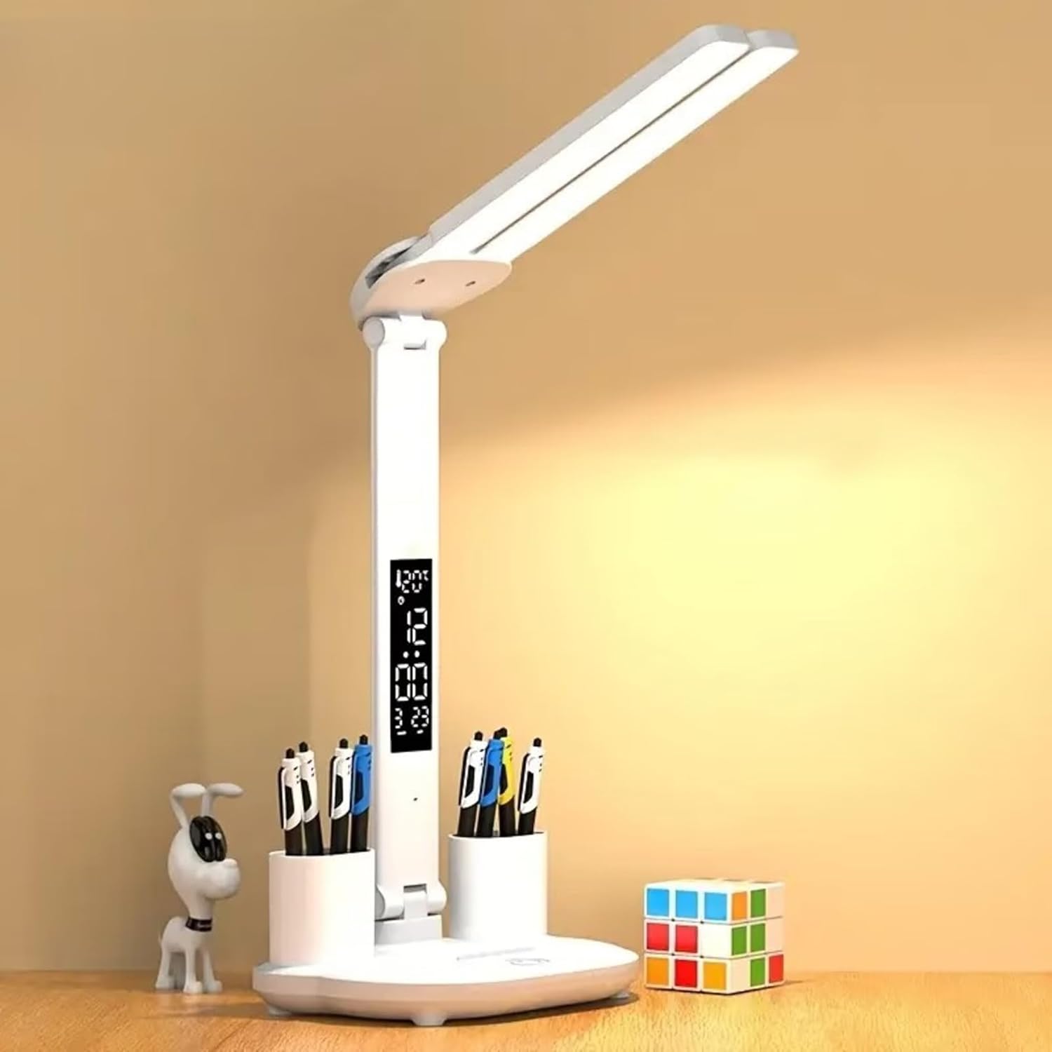 Multifunctional Dual-Head LED Table Lamps, USB Powered Artistic Decorative Lights with Two Pen Holders and Digital Display Clock for Bedroom, Living Room, Home Office