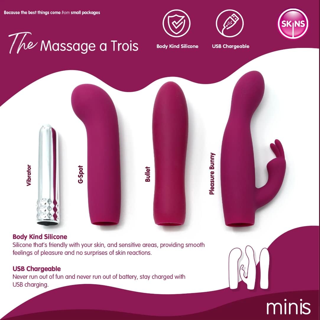 SKINS Mini Vibrators - Massage A Trois 3 in 1; Bullet Vibrator, Rabbit Vibrator & G Spot Vibrator