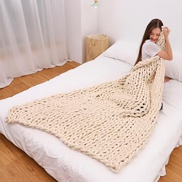 Chunky Knit Throw - Chenille Yarn Blanket - Cable Knit Couch Throw - Crochet Weighted Blanket for Bed - Gift - Beige, 40 x 79 Inches